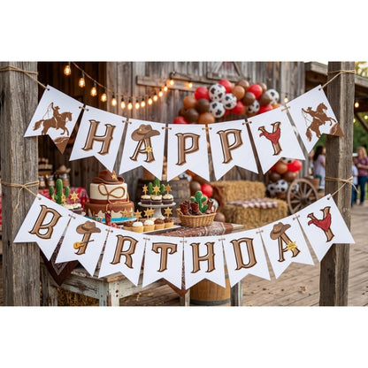 Western Cowboy Happy Birthday Banner – Rustic Wild West Garland Decoration