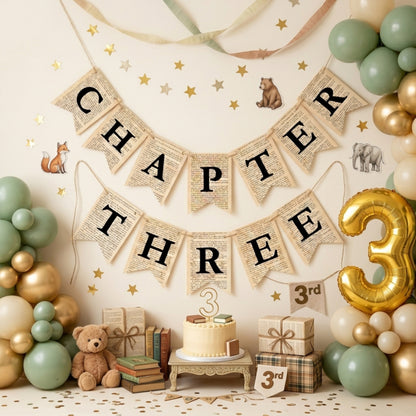 Chapter Three Birthday Banner Set – Book-Themed Garland with Bookmarks