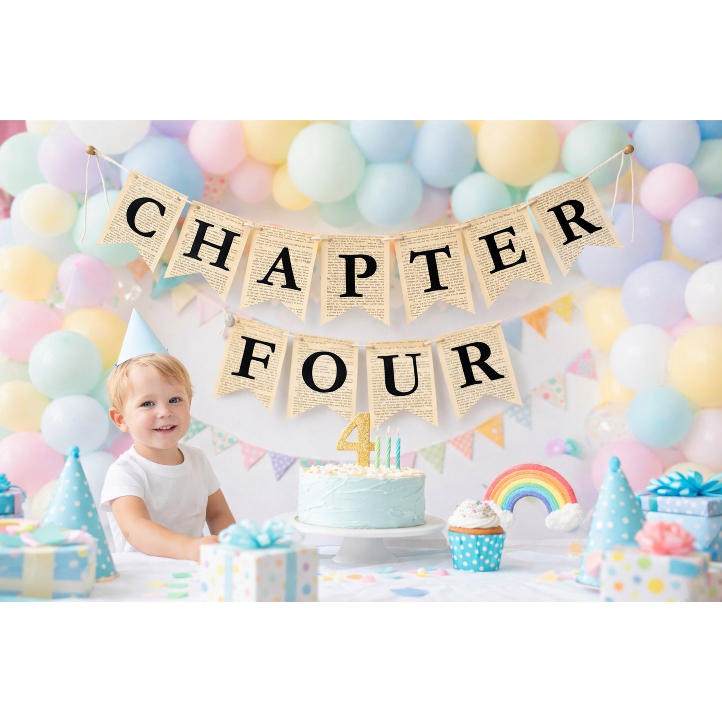 Chapter Four Birthday Banner Set – Rustic Book-Themed Garland with Bookmarks