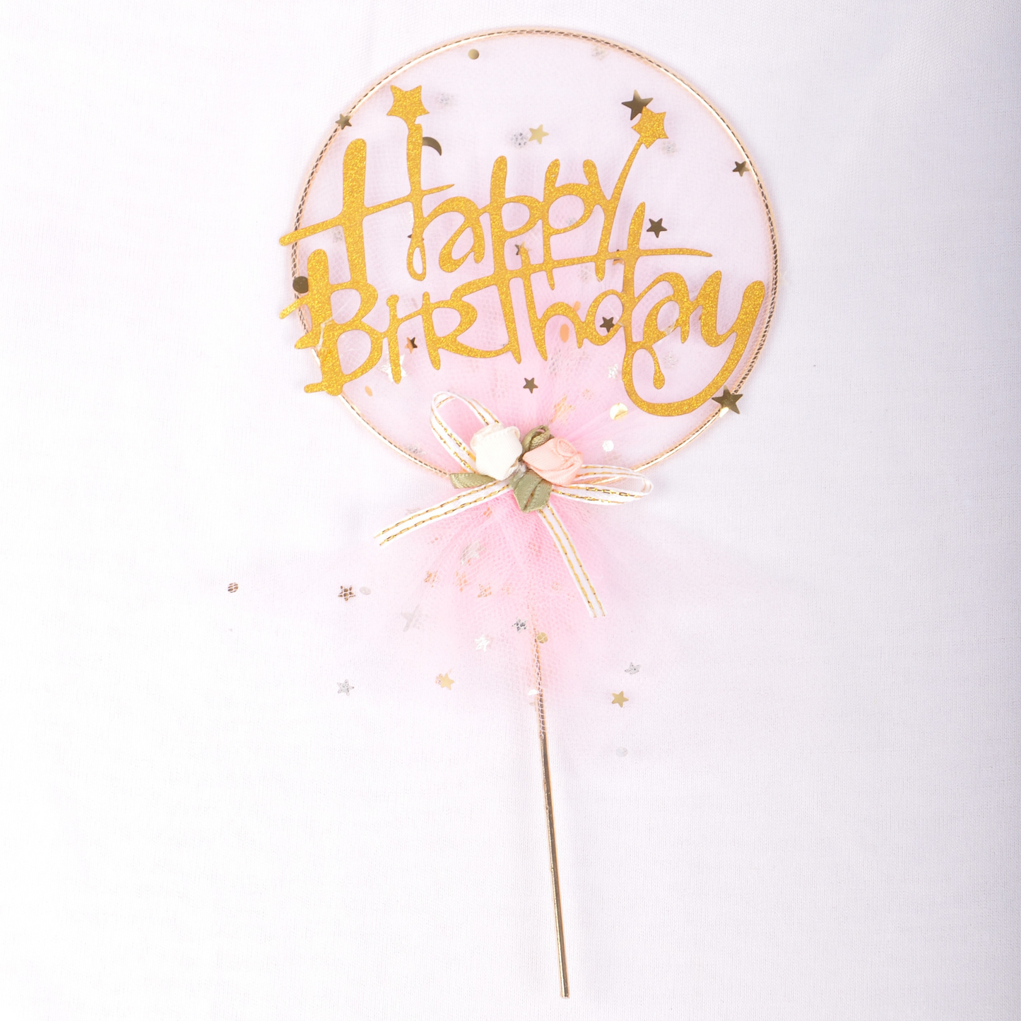 Pink Happy Birthday Cake Topper – Gold Glitter Double-Sided, Pre-Assembled