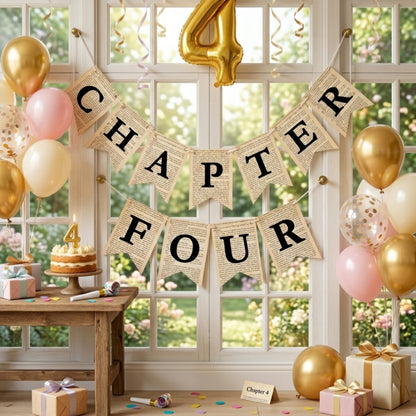 Chapter Four Birthday Banner Set – Rustic Book-Themed Garland with Bookmarks