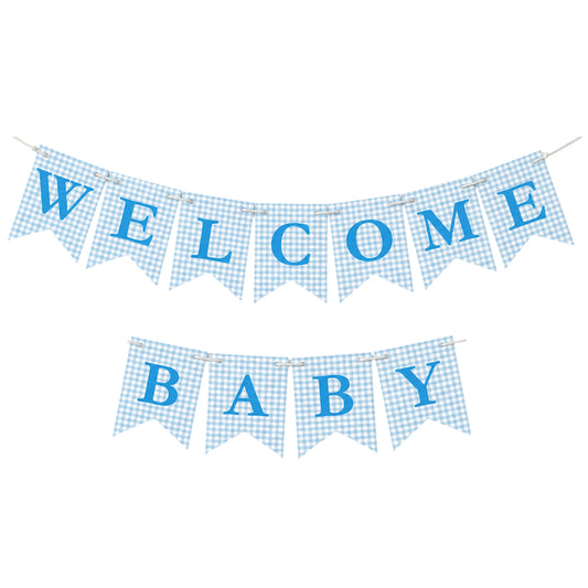 Welcome Baby Banner – Blue Gingham Cardstock Bunting for Baby Boy