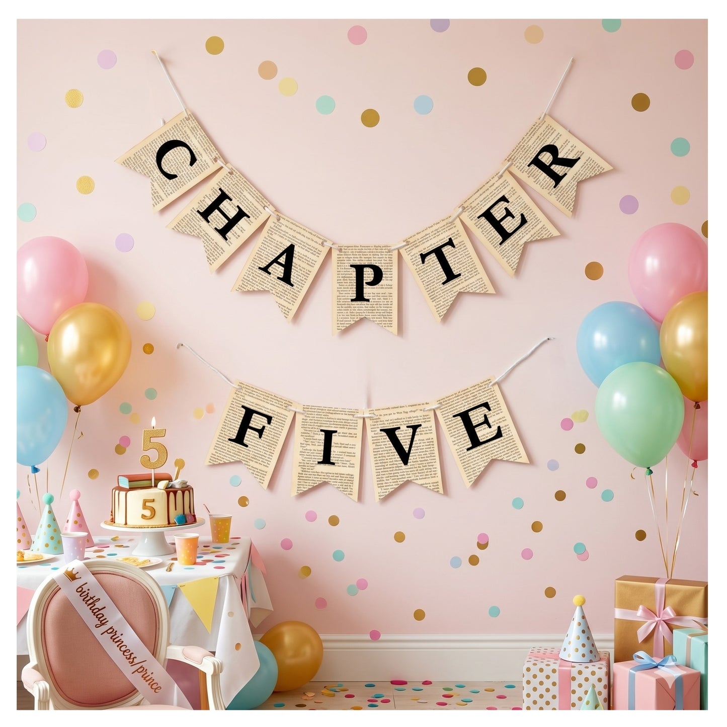 Chapter Five Birthday Banner Set – Book-Themed Garland with Bookmarks