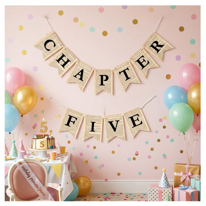 Chapter Five Birthday Banner Set – Book-Themed Garland with Bookmarks