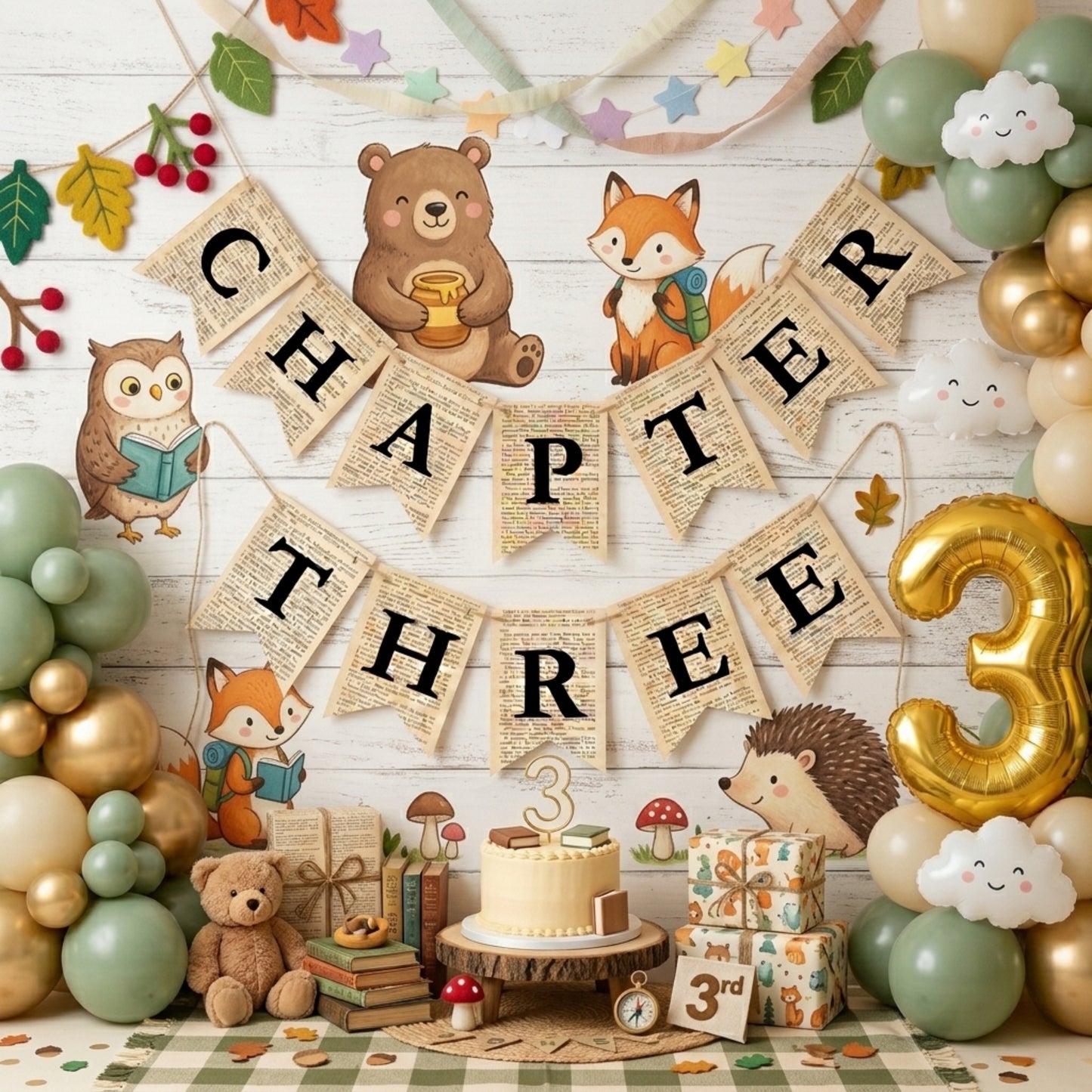 Chapter Three Birthday Banner Set – Book-Themed Garland with Bookmarks