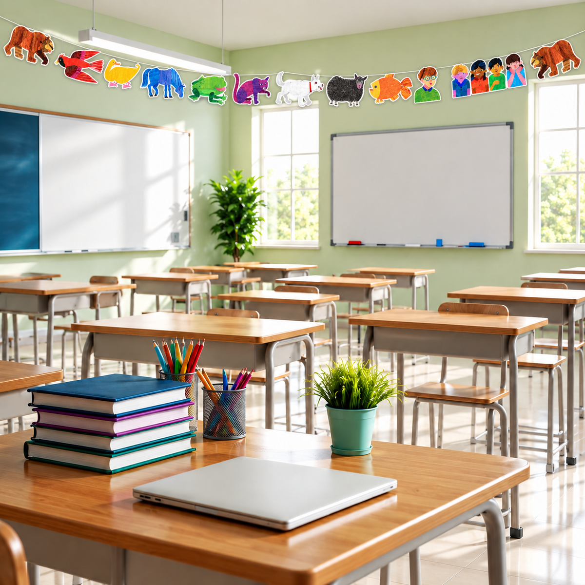 A colorful animal and child-themed classroom banner hangs across a light green classroom with desks, whiteboards, and windows.
