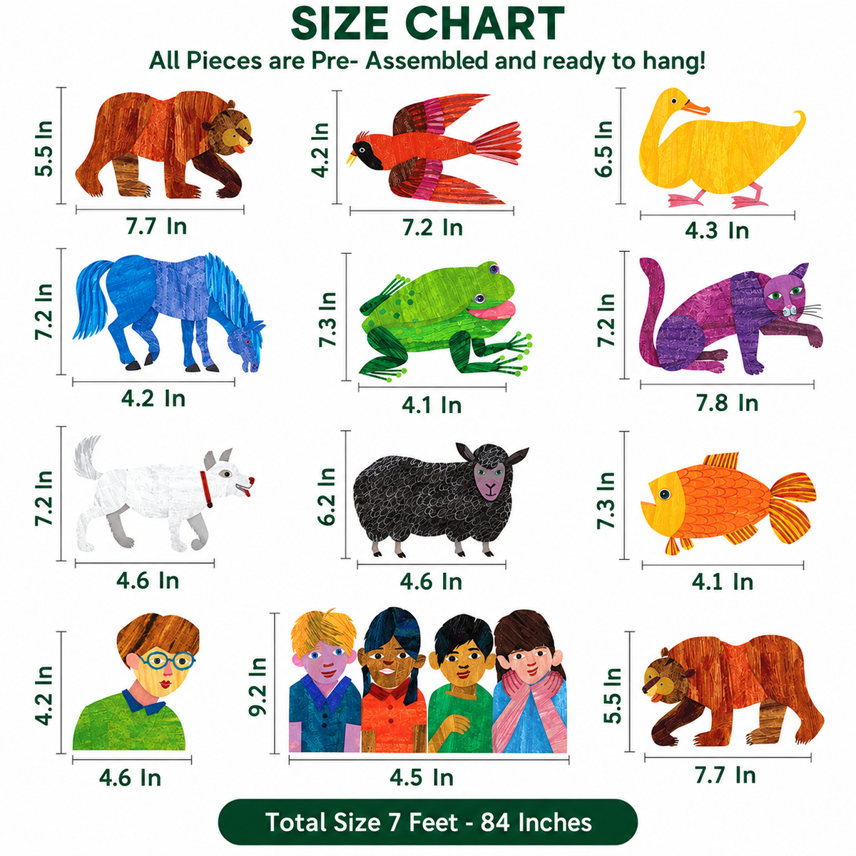 A size chart graphic showing multiple colorful pre-assembled paper-craft style animal and child figures with labeled dimensions in inches, plus a green banner at the bottom reading 'Total Size 7 Feet - 84 Inches'.
