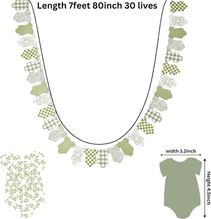 Baby bodysuit garland banner made of 30 fabric pennants in sage green, olive green, and white patterns, shown with dimension labels indicating a length of 7 feet (80 inches) and 30 lives, plus a small swatch and a baby bodysuit size reference on a white background.