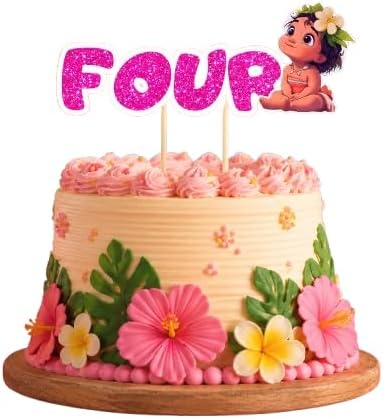 A decorated round birthday cake with pink floral decorations, green leaves, and a pink glittery 'FOUR' topper featuring a cartoon character, shown on a white background.