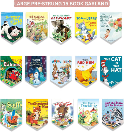 A set of 15 colorful book-themed pennant flags arranged in a grid on a white background, with a pink header reading 'LARGE PRE-STRUNG 15 BOOK GARLAND'. The flags feature illustrations from children's classics including The Peter Rabbit Series, Old MacDonald, The Brave Little Elephant, Tom and Jerry, The Wonderful Things You Will Do, The Little Caboose, Frozen, Animal Friends, The Little Red Hen, The Cat in the Hat, Scully the Engineer, The Gingerbread Man, The Lion, King Lion,