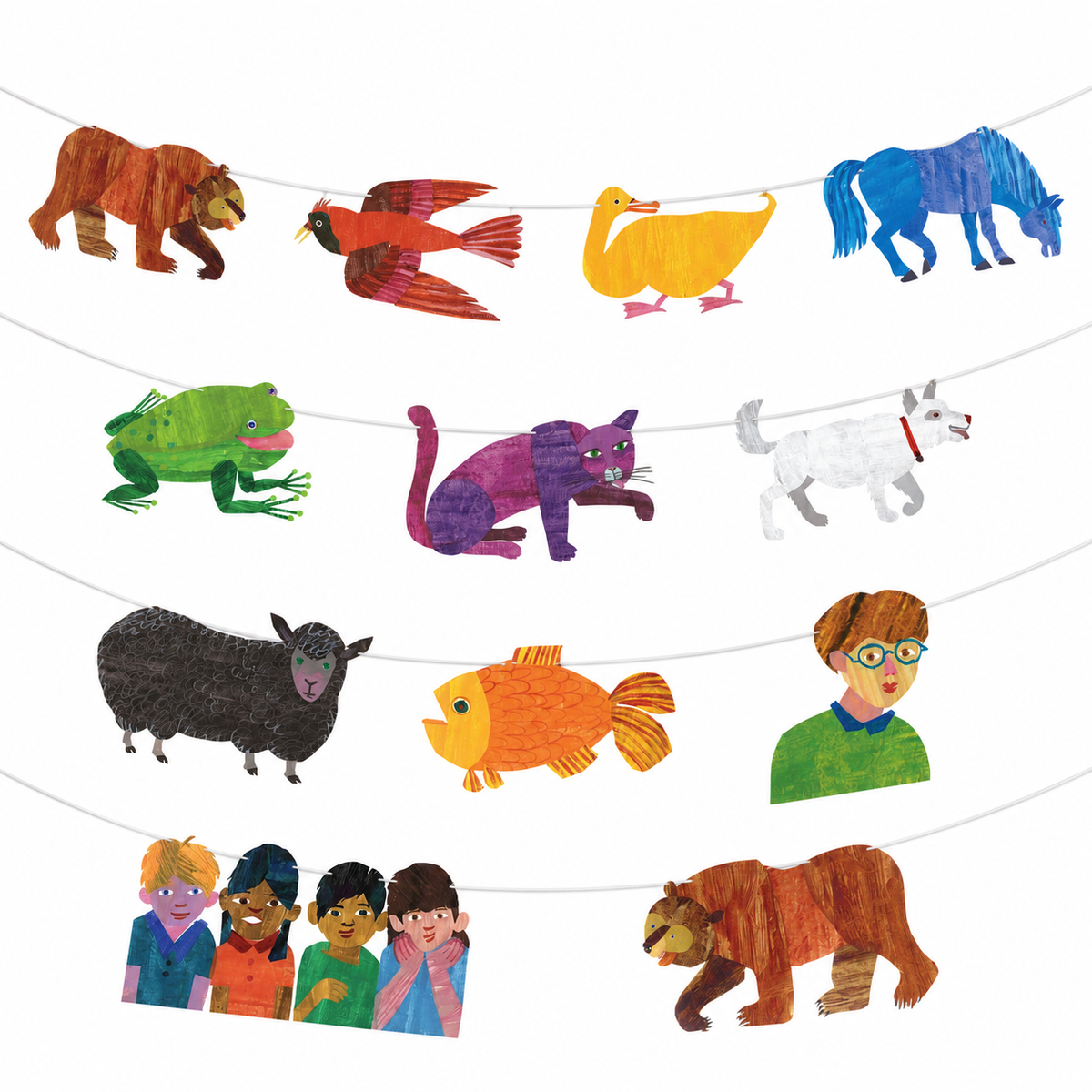 A children's party garland banner featuring colorful, textured illustrations of animals and children. The garland is strung across a white background, displaying a brown bear, a red bird, a yellow duck, a blue horse, a green frog, a purple cat, a white dog, a black sheep, an orange fish, a boy with glasses, and a group of four children.