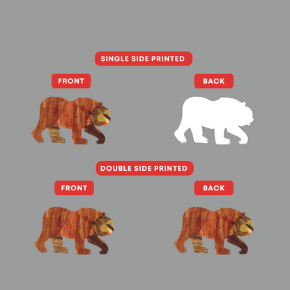 A graphic showing two bear illustrations on a gray background, labeled for single side printed and double side printed options. The top row shows a brown bear labeled FRONT and a white bear labeled BACK under the heading SINGLE SIDE PRINTED.