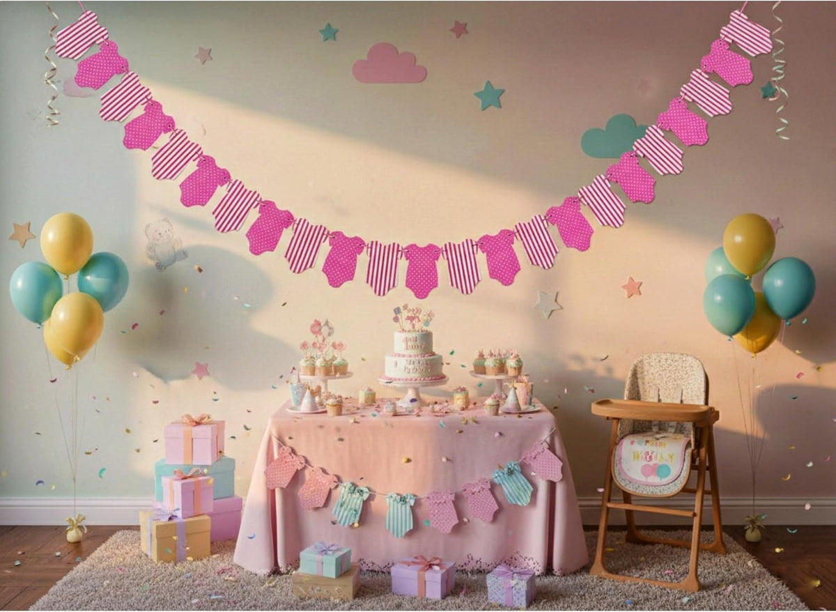 A baby shower party setup featuring a pink baby boot banner garland hanging across a wall, a decorated table with a tiered cake, pastel balloons, gift boxes, and a high chair in a decorated room.