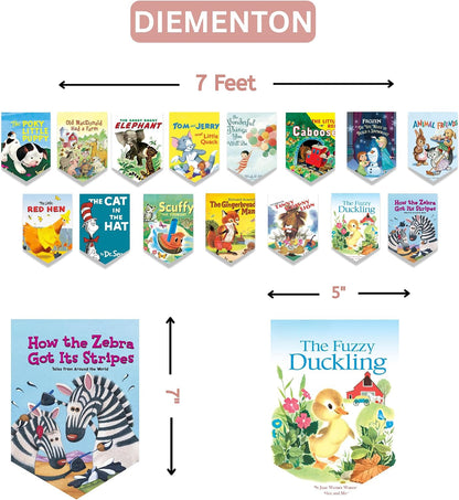 A product display for a set of children's book bookmarks or wall flags under the brand name DIEMENTON. The set includes bookmarks shaped like book covers, shown in two sizes: a larger 7-foot version featuring multiple classic children's books, and a smaller 5-inch version showing two book covers, 'How the Zebra Got Its Stripes' and 'The Fuzzy Duckling'.