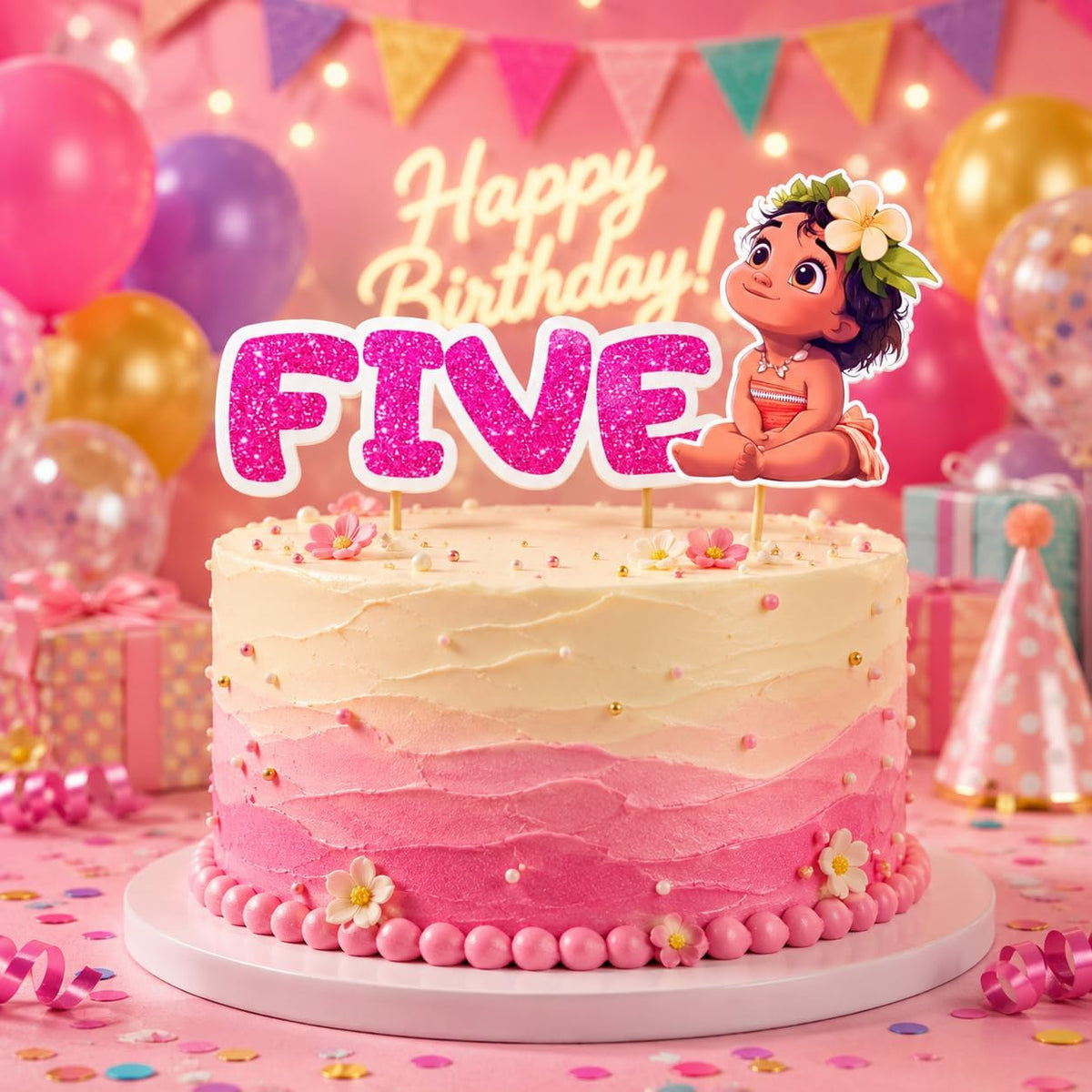 A round frosted birthday cake with pink and cream ombre layers, decorated with pink beads around the base and small flowers, topped with a pink glitter 'FIVE' sign and a cartoon character topper. The cake sits on a white round platter in a colorful party setting with balloons, bunting, and 'Happy Birthday!' decor.