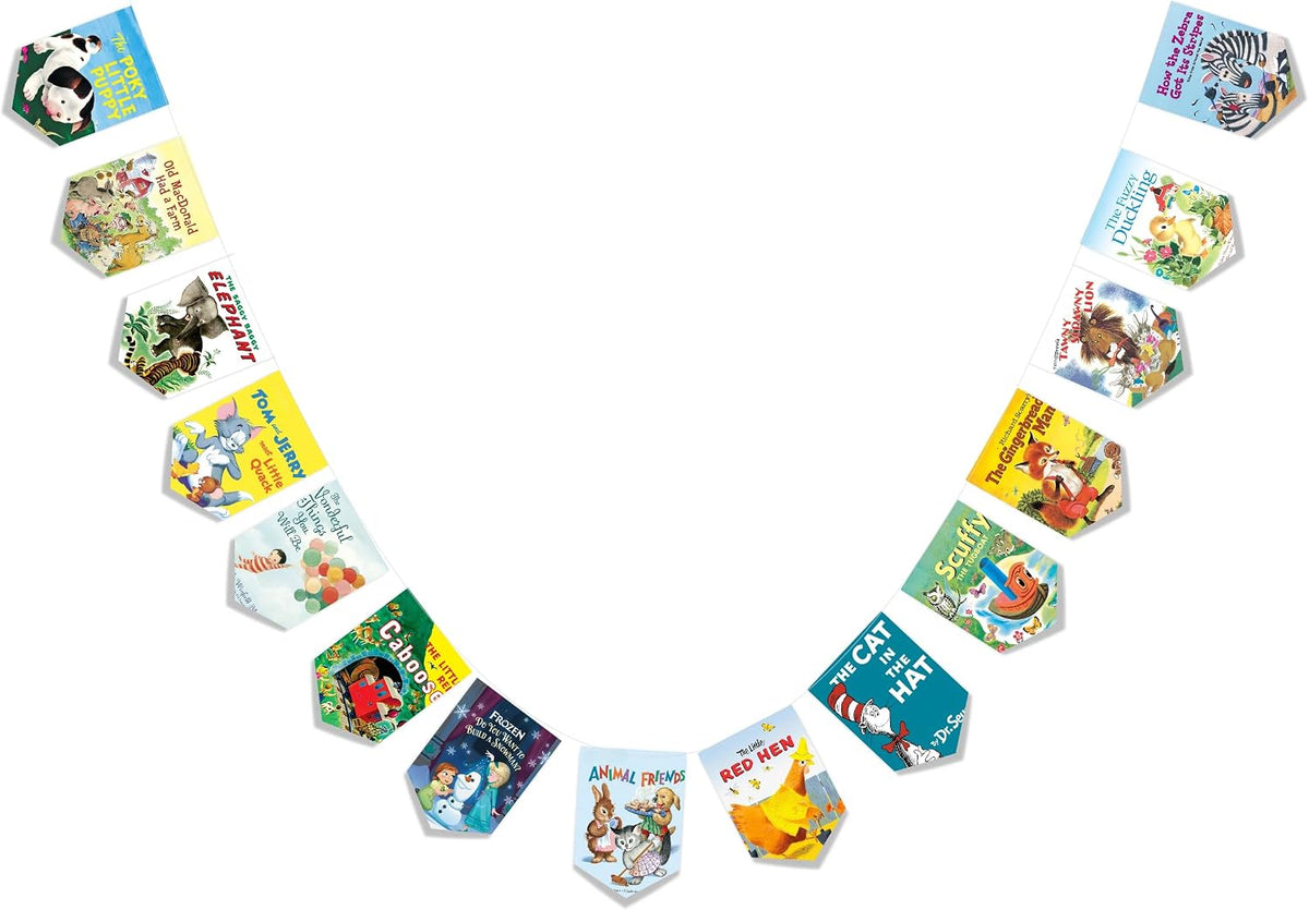 A string of hexagonal book-cover style flags or pennants arranged in a curved banner shape on a plain white background. Each flag shows a different children's book cover with colorful illustrated artwork and titles such as Dr.