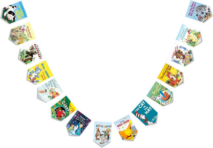A string of hexagonal book-cover style flags or pennants arranged in a curved banner shape on a plain white background. Each flag shows a different children's book cover with colorful illustrated artwork and titles such as Dr.