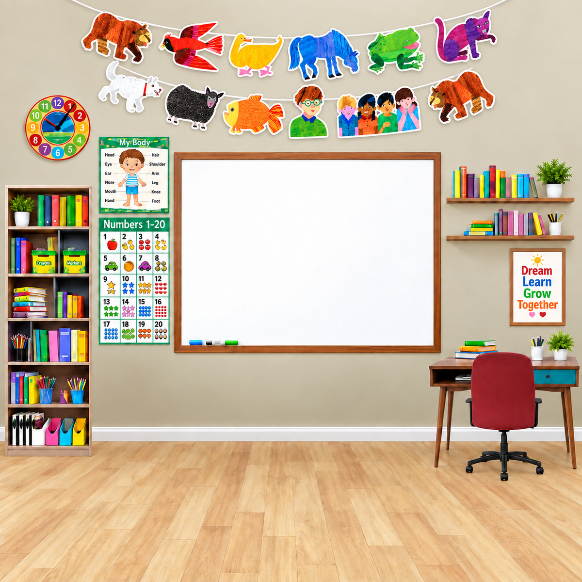 A colorful children's classroom wall decor set featuring a banner of animal cutouts, a 'My Body' chart, a numbers chart, a wooden-framed whiteboard, a bookshelf, a desk with a red chair, and a motivational poster on a beige wall with wood flooring.