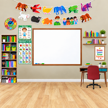 A colorful children's classroom wall decor set featuring a banner of animal cutouts, a 'My Body' chart, a numbers chart, a wooden-framed whiteboard, a bookshelf, a desk with a red chair, and a motivational poster on a beige wall with wood flooring.