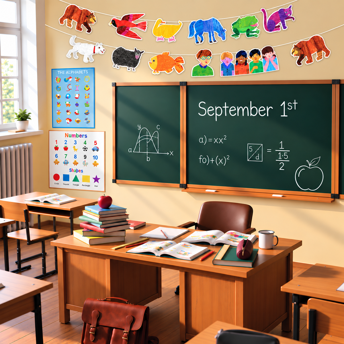 A bright, well-organized classroom with wooden desks, a blackboard reading 'September 1st,' colorful animal cutouts hanging above, and educational posters on the wall.