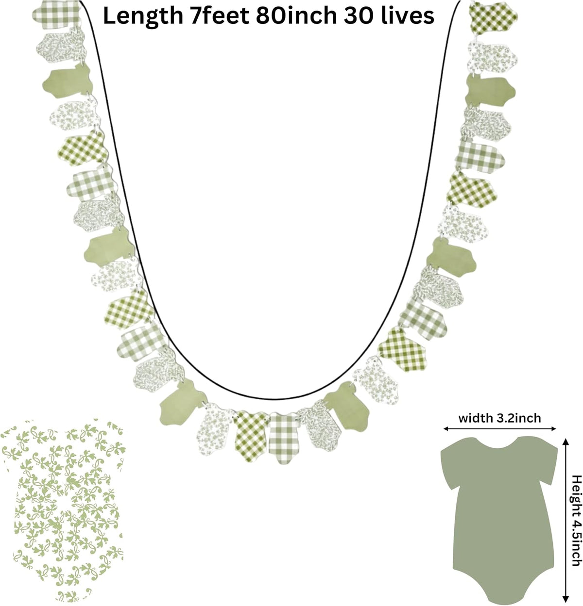Baby bodysuit garland banner made of 30 fabric pennants in sage green, olive green, and white patterns, shown with dimension labels indicating a length of 7 feet (80 inches) and 30 lives, plus a small swatch and a baby bodysuit size reference on a white background.