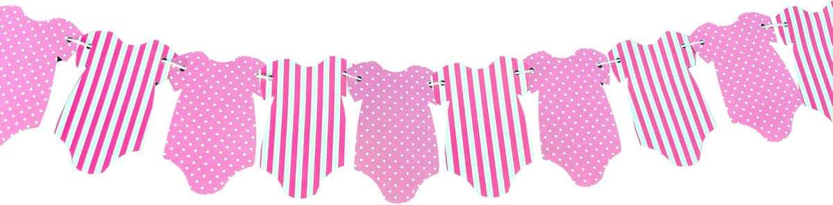Pink baby bodysuit garland banner with alternating solid pink, pink-and-white striped, and pink polka-dot cutouts on a white background.