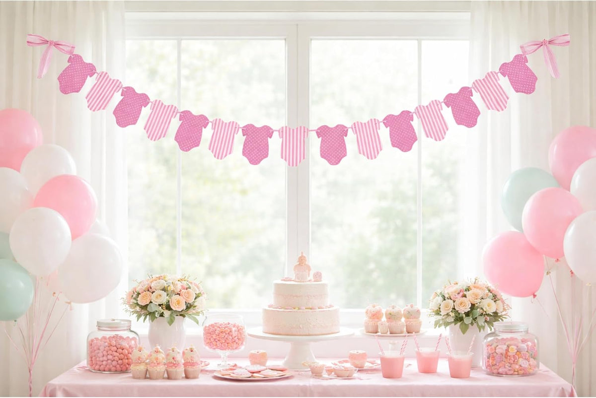 A styled baby shower dessert table decorated with pink and white baby clothes garland, pastel balloons, flowers, cupcakes, and a tiered cake in front of a bright window.