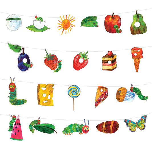 A children's party banner garland featuring illustrations from The Very Hungry Caterpillar, with colorful caterpillar, fruit, cake, ice cream, cheese, lollipop, pizza, and butterfly motifs strung across a white background.