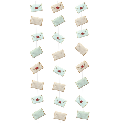 close up of envelope shaped paper cutouts on garland string