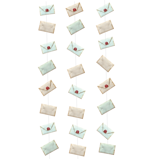 close up of envelope shaped paper cutouts on garland string